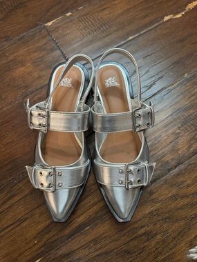 wild fable Metallic Silver Pointed Buckle Slingback Flats